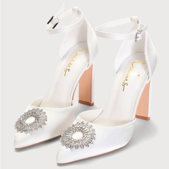 NWOT Lulus Bradleyy White‎ Satin Pointed-Toe Ankle Strap Pumps - Picture 1 of 6